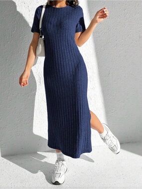 SHEIN Navy Ribbed Knit Short-Sleeve Maxi Dress